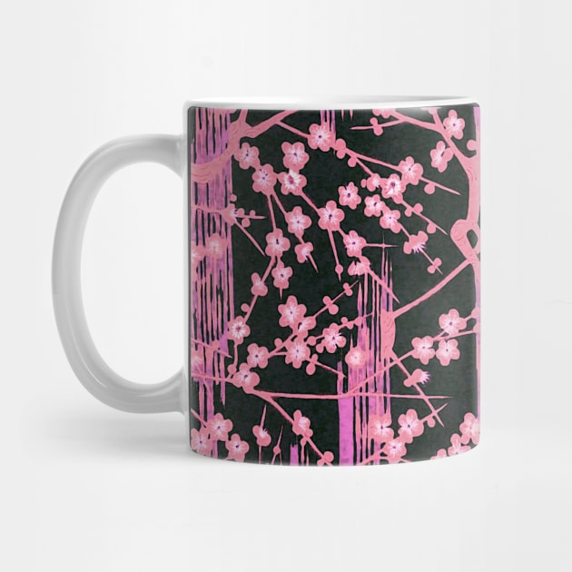 PINK SAKURA FLOWERS IN BLACK Antique Japanese Floral Pattern by BulganLumini